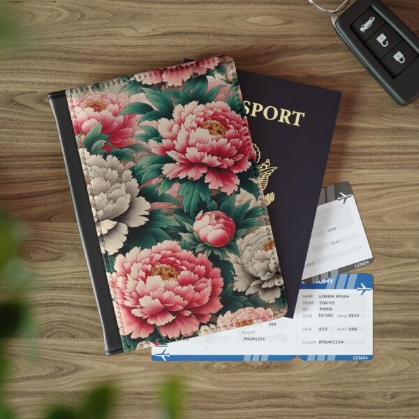 Passport Cover, Floral Travel Holder, Pink Peony Case, Japanese Art Style, Cute Passport Protector